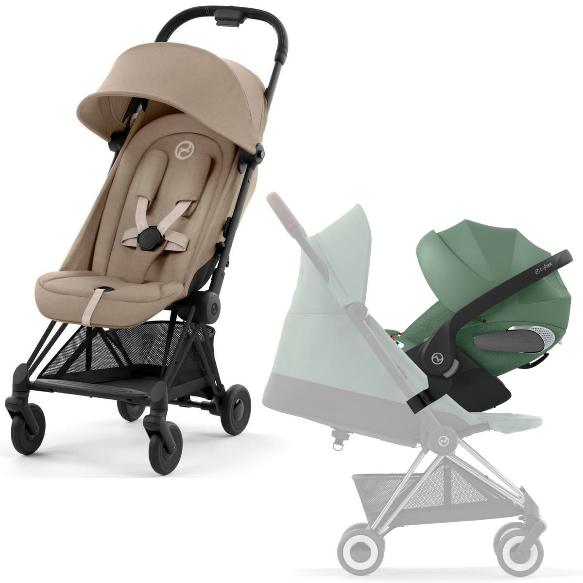 Коляска Cybex Coya Matt Black Frame Cloud T i-Size Leaf Green Plus Cozy Beige с дождевиком и бампером
