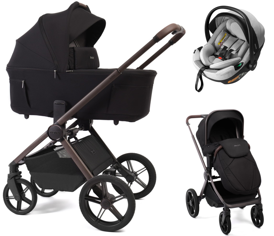 Детская коляска Peppy Soho 3 в 1 с автокреслом Welldon Crown 2 Grey Black (черный) рама шоколад