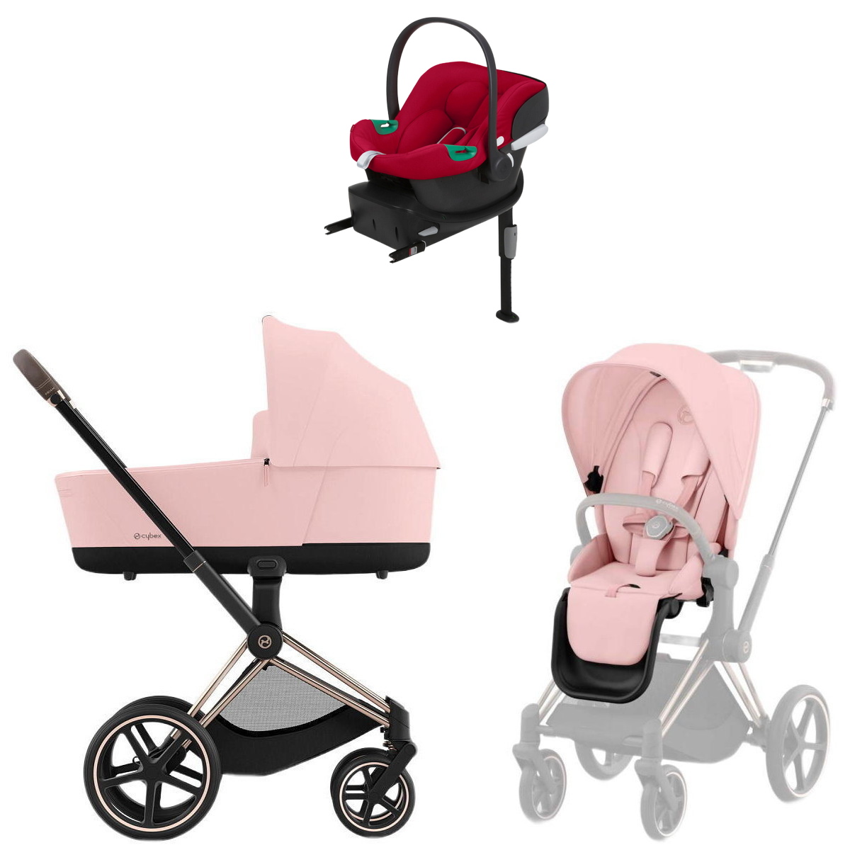 Коляска Cybex Priam IV Rosegold complete Aton B2 Dynamic Red Base One 3 в 1 Peach Pink