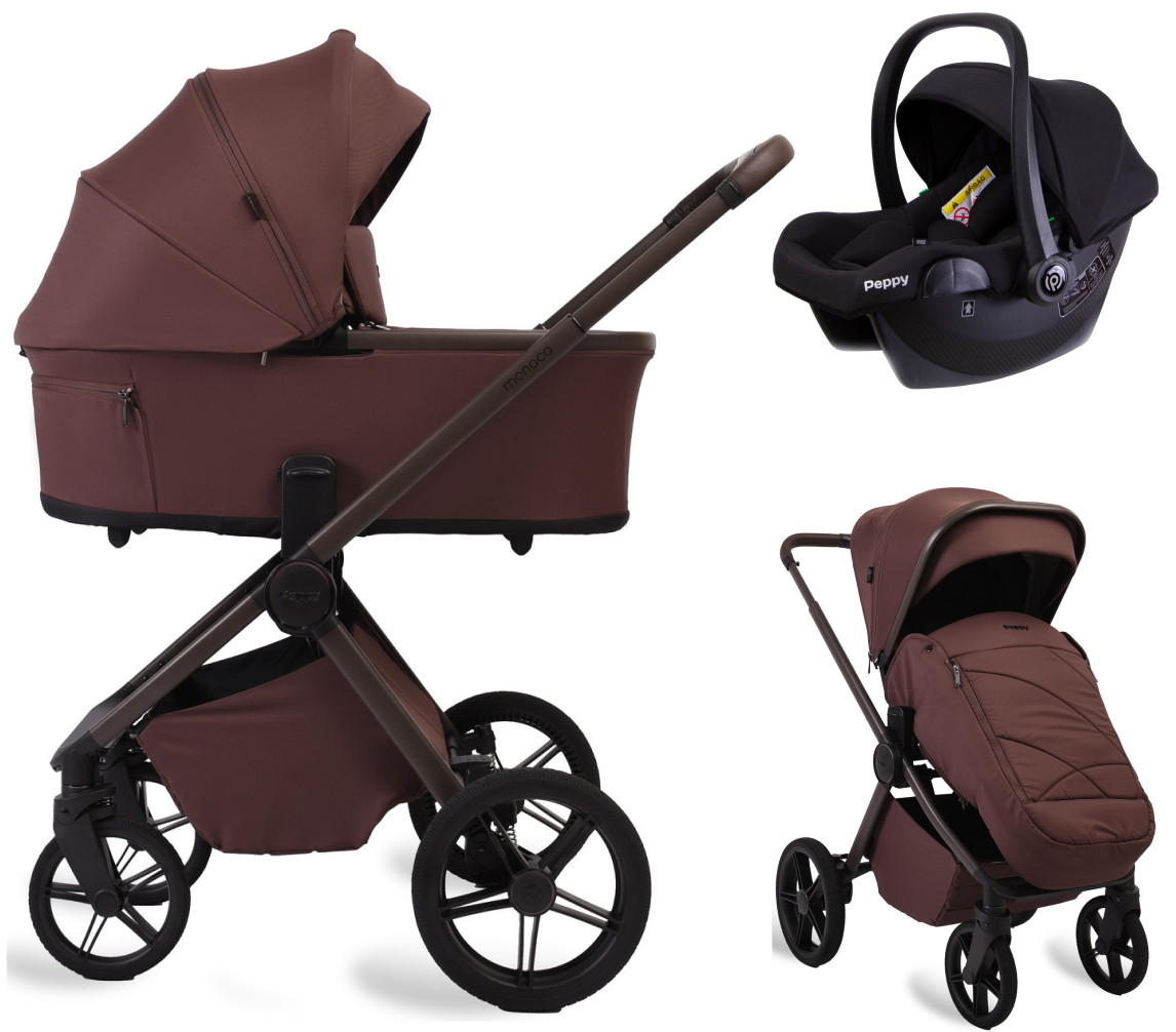 Детская коляска Peppy Monaco Plus 3 в 1 с автокреслом Rise Black Burgundy (винный), рама коричневая