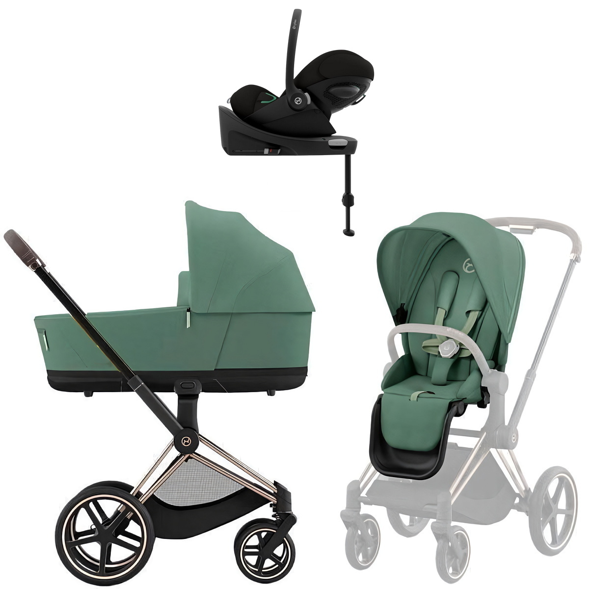 Коляска Cybex Priam IV Rosegold complete Cloud G3 Magic Black Base G3 4 в 1 Leaf Green