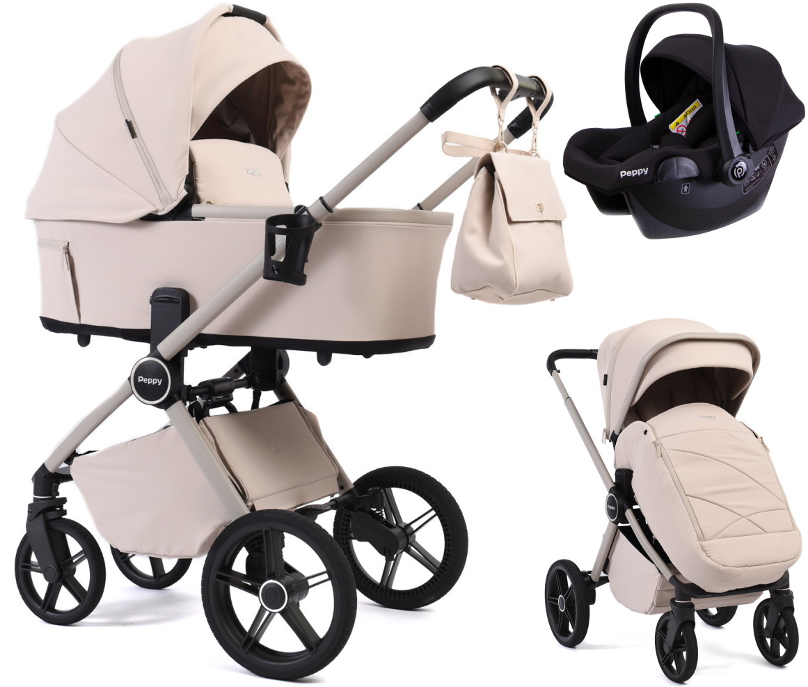 Детская коляска Peppy Monaco Plus 3 в 1 с автокреслом Rise Black Cream (кремовый), рама бежевая