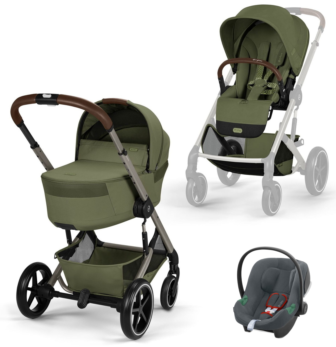 Коляска Cybex Balios S Lux Fold Cot TPE Aton B2 Steel Grey 3 в 1 Moss Green с дождевиками
