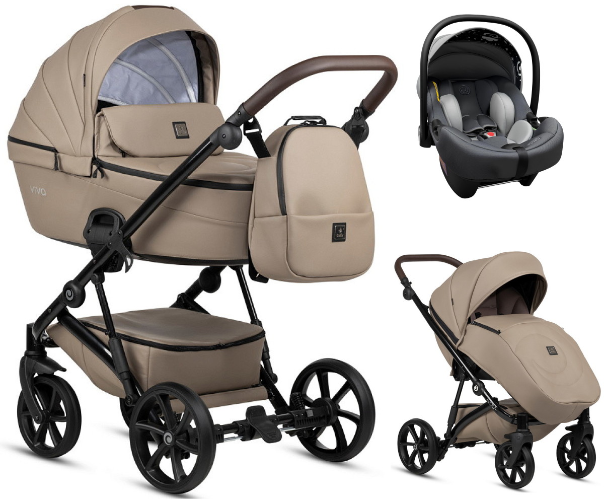 Детская коляска Tutis Viva 5 Plus Leather 2024 3 в 1 с автокреслом Elo Lux EduSky Grey 1452149 Cappuccino