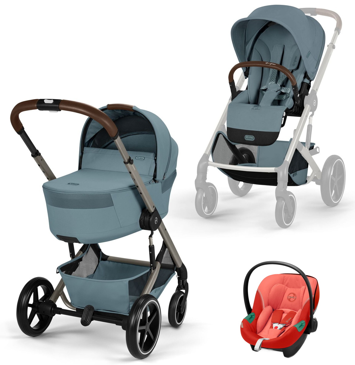 Коляска Cybex Balios S Lux Fold Cot TPE Aton S2 Hibiscus Red 3 в 1 Stormy Blue с дождевиками