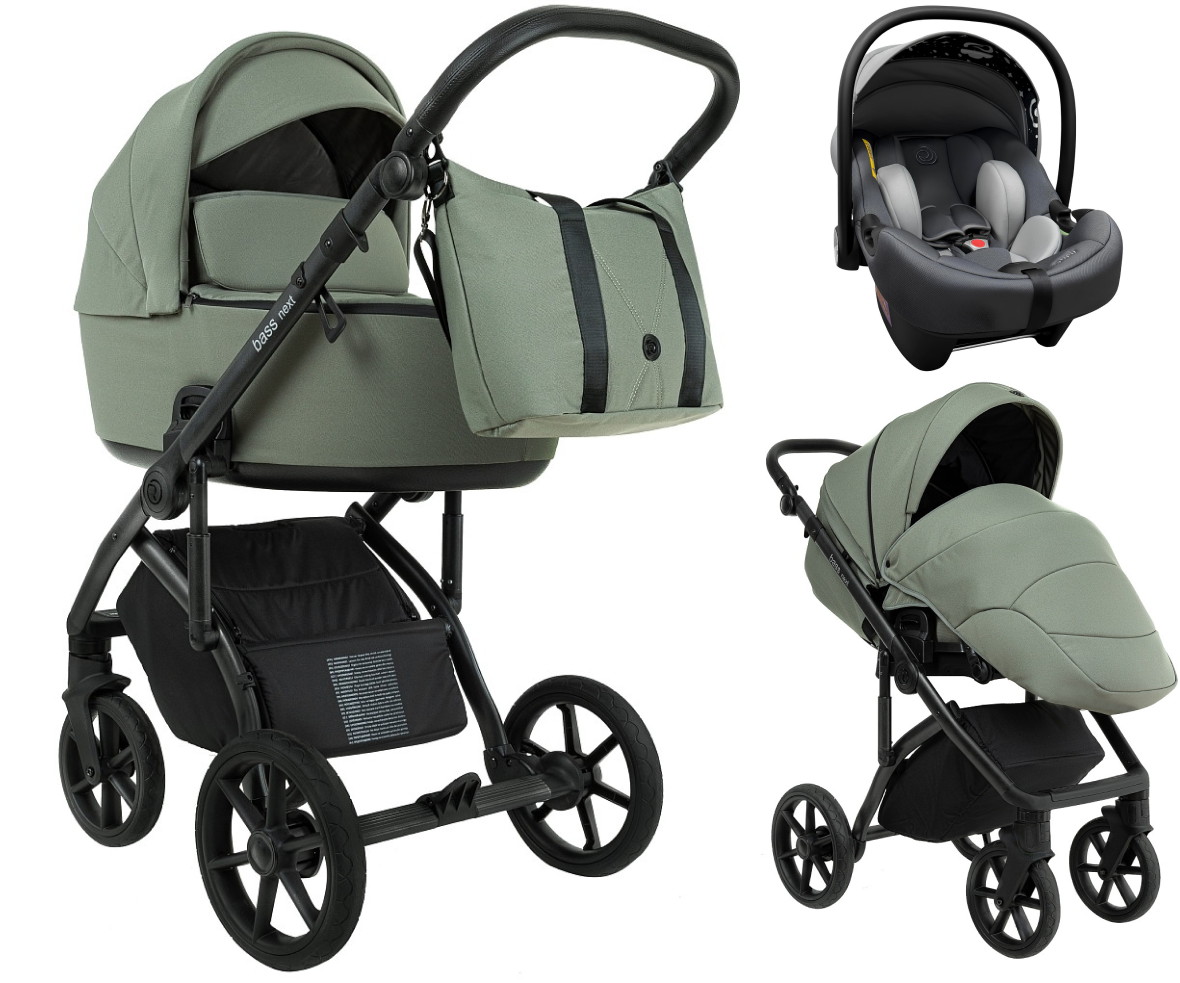 Детская коляска Roan Bass Next 2.0 3 в 1 с автокреслом Tutis Elo Lux EduSky Grey BSN/43/2 Sage Green/Black/руч.Black
