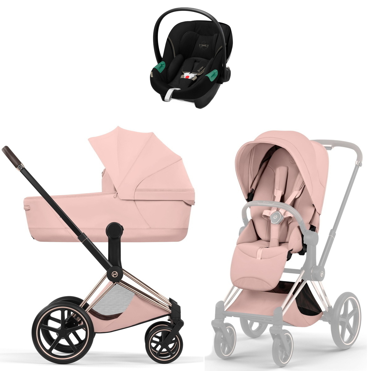 Коляска Cybex Priam V Rosegold Style Aton S2 Moon Black 3 в 1 Peach Pink
