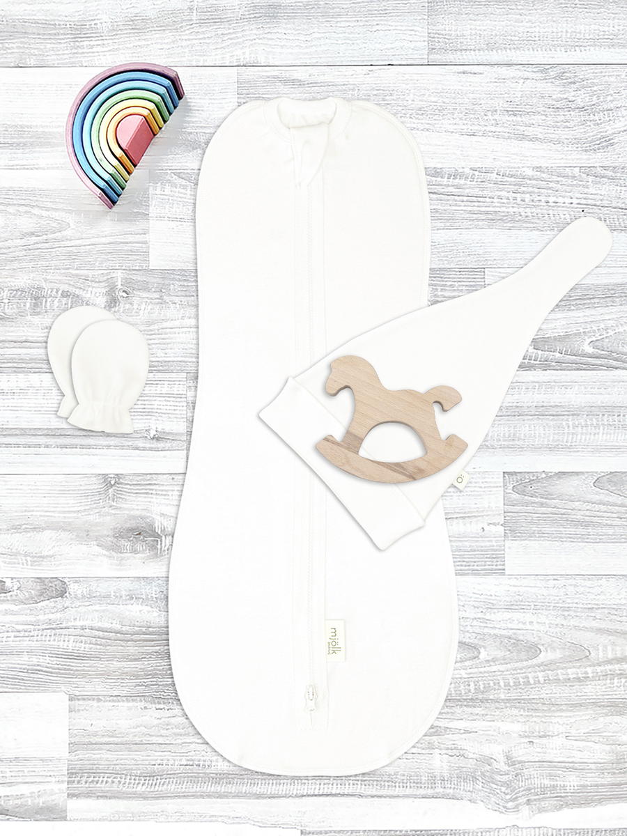 Комплект для новорожденного Mjolk Ecru пеленальный кокон, шапочка, антицарапки 56