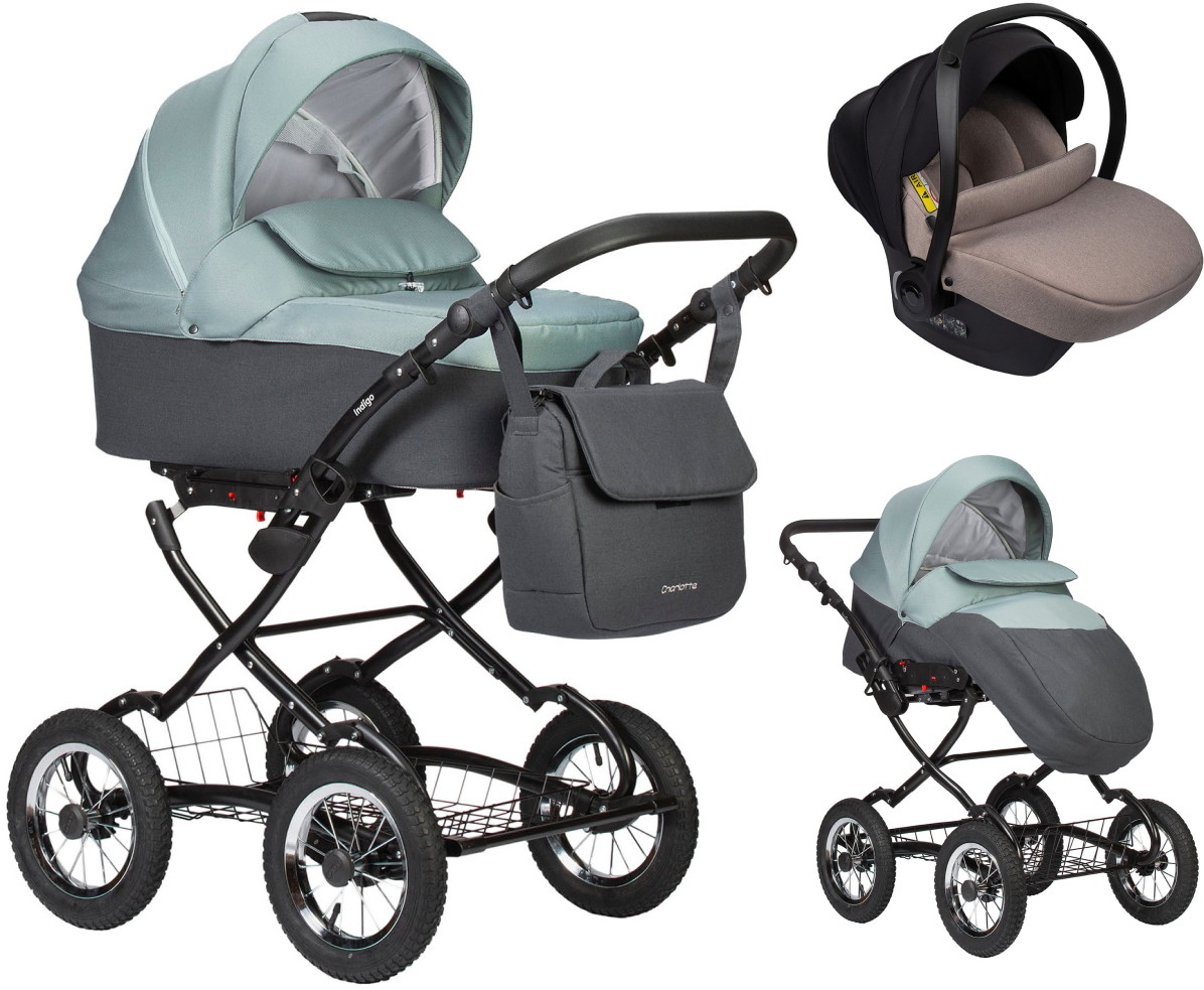 Детская коляска Indigo Charlotte Sity Classic 12 3 в 1 с автокреслом Avionaut Cosmo Beige Cs02 т.серый+шалфей