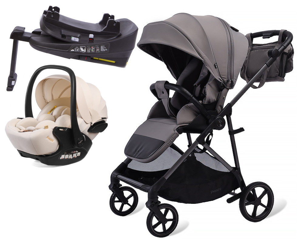 Прогулочная коляска Peppy Amici с автокреслом Verona Beige и базой Grey серый, рама серая