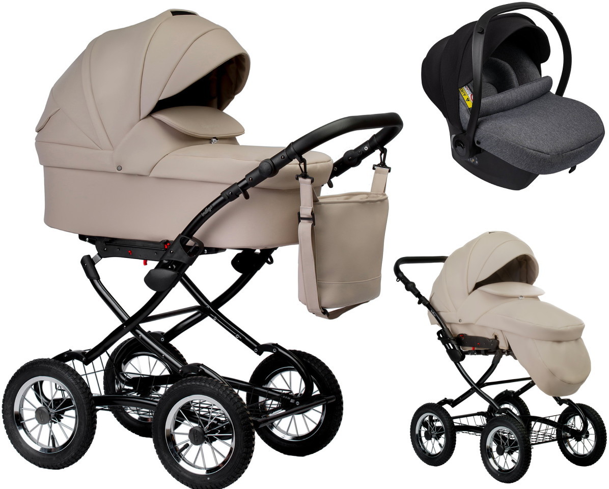 Детская коляска Indigo Barbara Eco Classic 3 в 1 с автокреслом Avionaut Cosmo Grey Be02 св.бежевая кожа