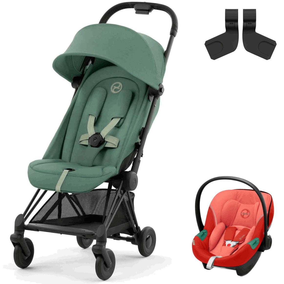 Коляска Cybex Coya Matt Black Frame Aton S2 i-Size Hibiscus Red Leaf Green с дождевиком и бампером