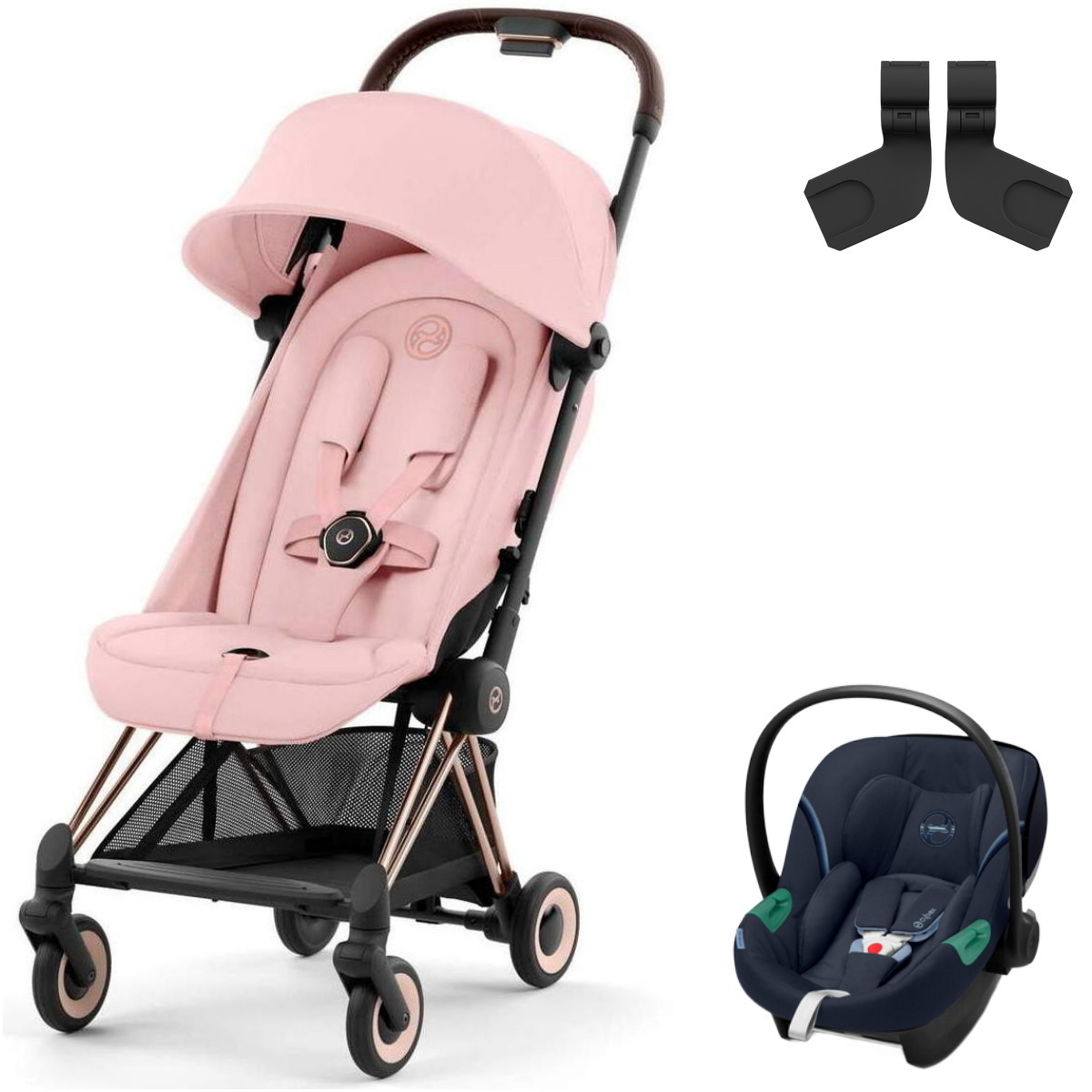 Коляска Cybex Coya Rosegold Frame Aton S2 i-Size Ocean Blue Peach Pink с дождевиком и бампером