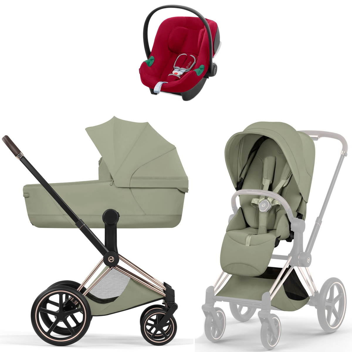 Коляска Cybex Priam V Rosegold Style Aton B2 Dynamic Red 3 в 1 Sage Green