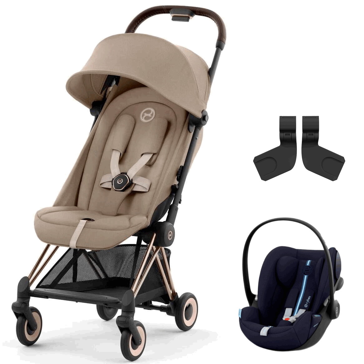 Коляска Cybex Coya Rosegold Frame Cloud G i-Size Ocean Blue Plus Cozy Beige с дождевиком и бампером