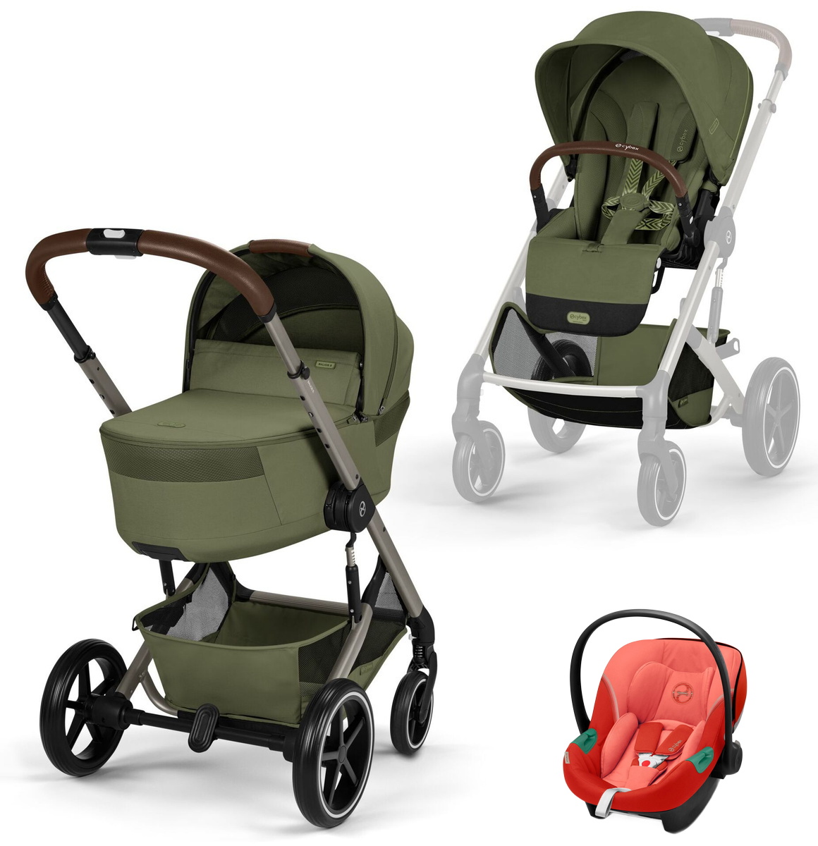 Коляска Cybex Balios S Lux Fold Cot TPE Aton S2 Hibiscus Red 3 в 1 Moss Green с дождевиками