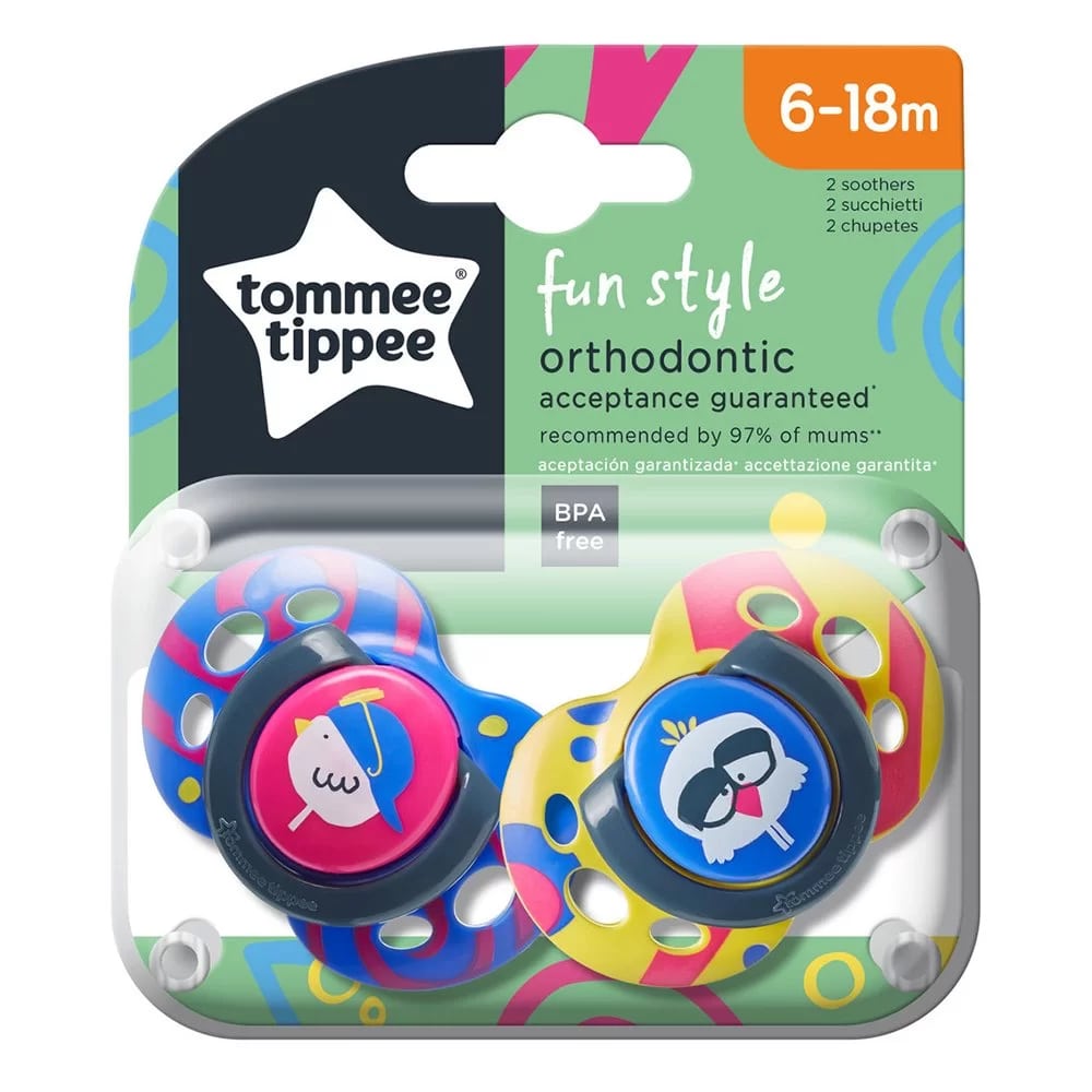 Соска-пустышка силиконовая Tommee Tippee Fun Style, 6-18 мес., 2 шт. PASARE синий/желтый