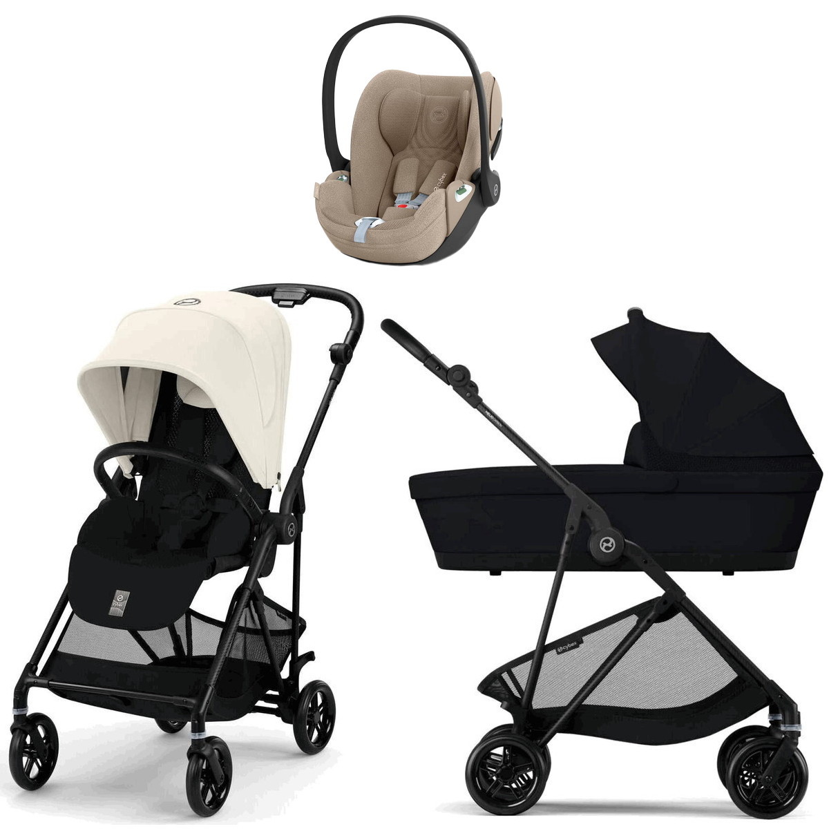 Коляска Cybex Melio Carbon Cloud T i-Size Cozy Beige Plus 3 в 1 Canvas White/Magic Black с дождевиками