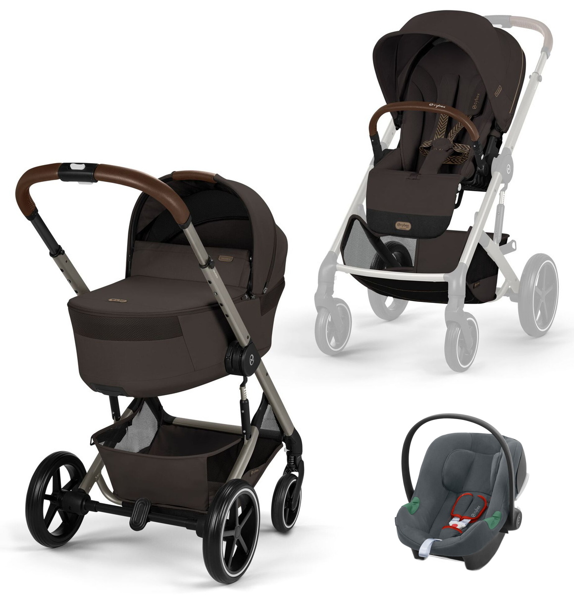 Коляска Cybex Balios S Lux Fold Cot TPE Aton B2 Steel Grey 3 в 1 Chocolate Brown с дождевиками