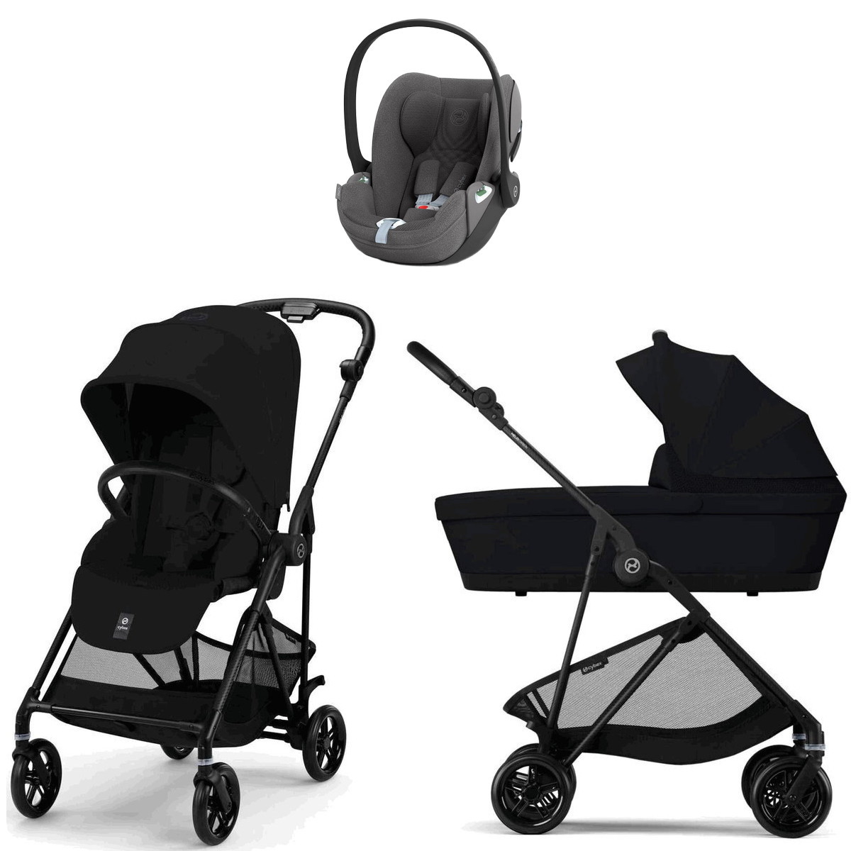 Коляска Cybex Melio Carbon Cloud T i-Size Mirage Grey Plus 3 в 1 Magic Black с дождевиками