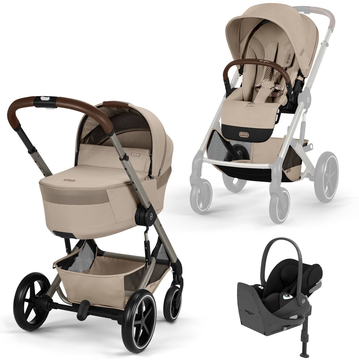 Коляска Cybex Balios S Lux Fold Cot TPE Cloud T Sepia Black Base T 4 в 1 Almond Beige с дождевиками