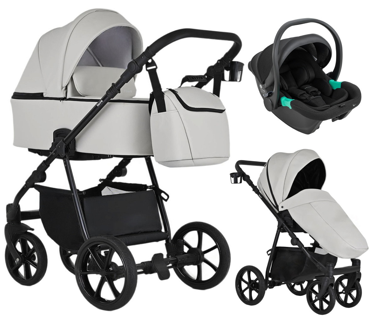 Детская коляска Pituso Tossa Кожа 3 в 1 с автокреслом Santiso Pro Black TS/25/3 Light Grey