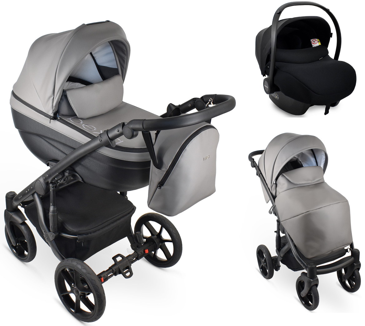 Детская коляска Bexa Ideal Eco 3 в 1 с автокреслом Avionaut Cosmo IE05 черный+св.серая кожа