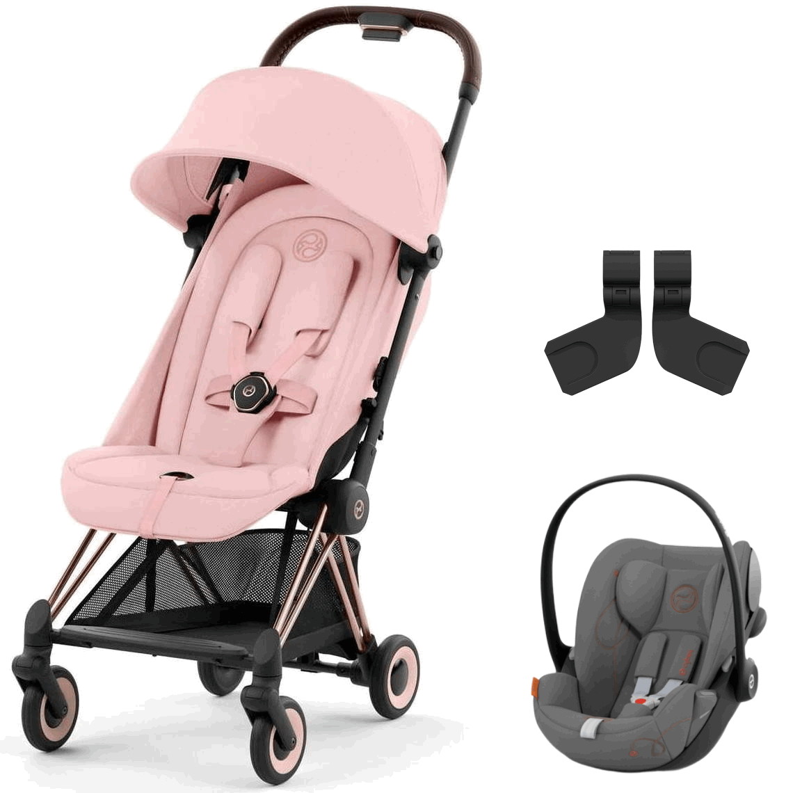 Коляска Cybex Coya Rosegold Frame Cloud G i-Size Lava Grey 2 в 1 Peach Pink с дождевиком и бампером