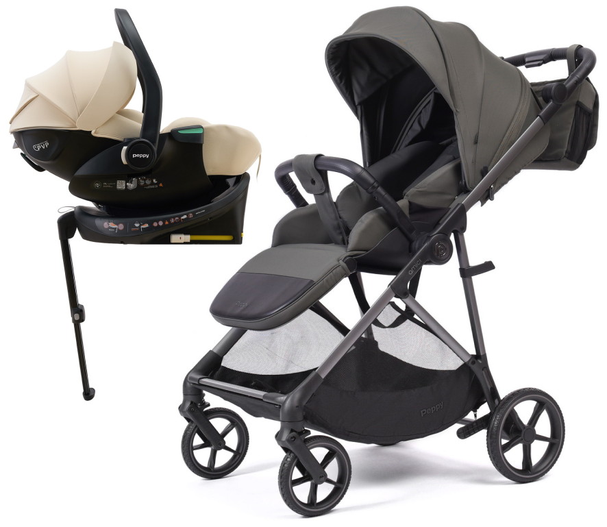 Прогулочная коляска Peppy Amici с автокреслом Jet Beige и базой Antrazit рама Grey