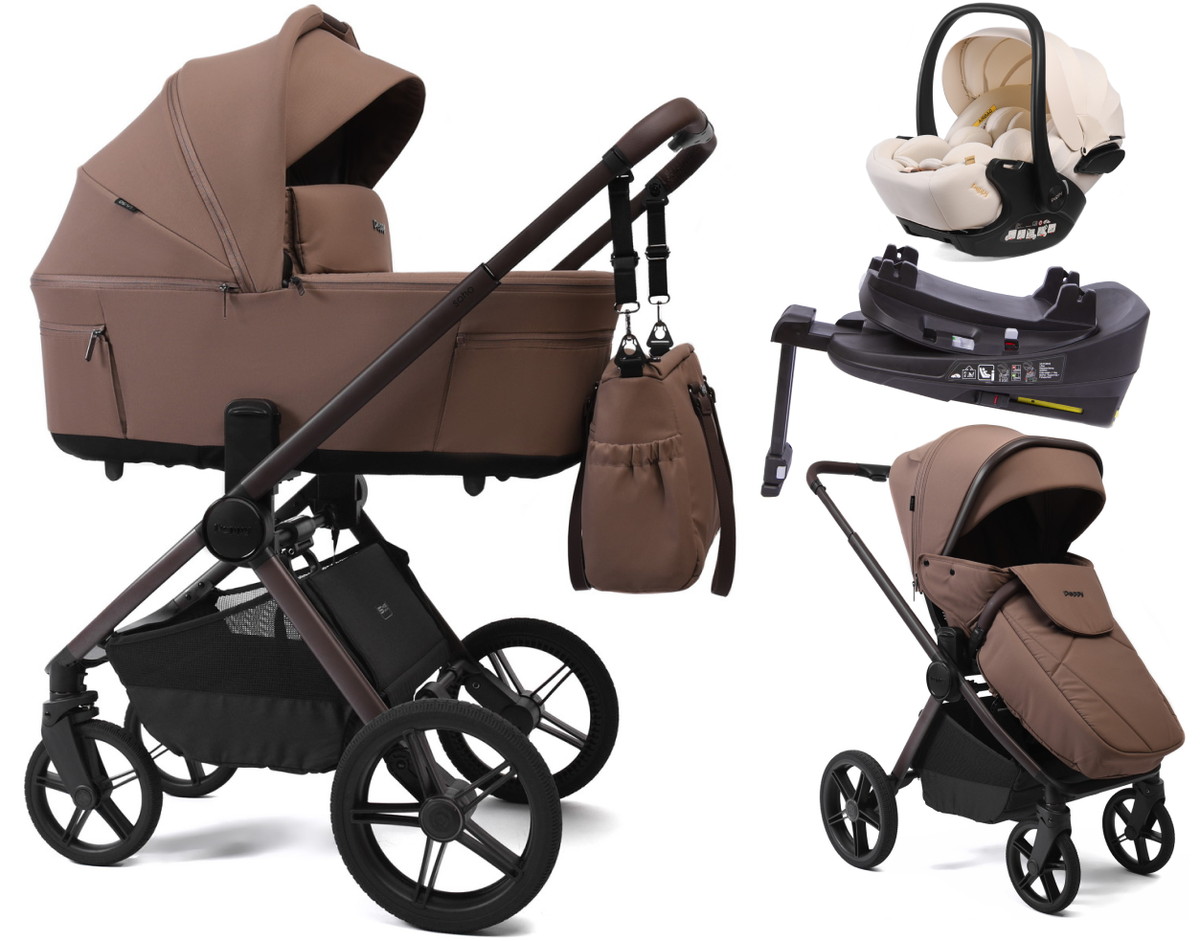 Детская коляска Peppy Soho 4 в 1 с автокреслом Verona Beige и базой Cappuccino (капучино) рама шоколад