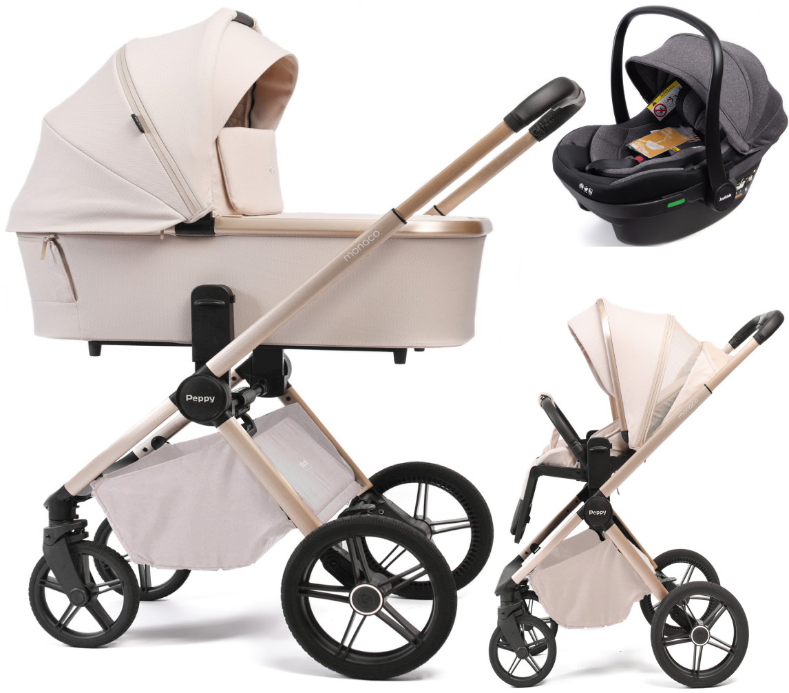 Детская коляска Peppy Monaco Plus 3 в 1 с автокреслом Jovikids Aria Black Beige (бежевый), рама беж, шлифованный алюминий