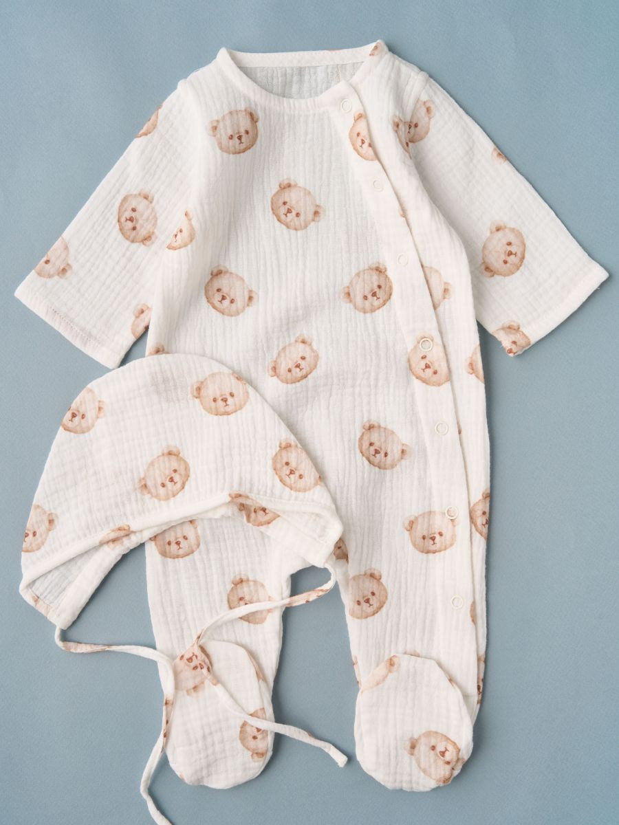 Комплект 2 пр. комбинезон и чепчик муслин Little Star мишки, крем 56