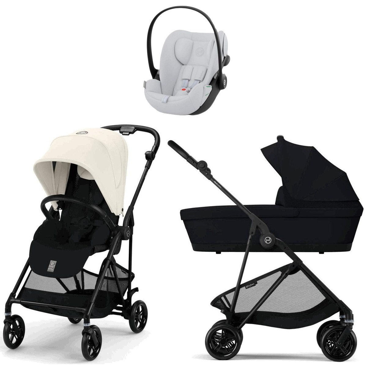 Коляска Cybex Melio Carbon Cloud G i-Size Fog Grey 3 в 1 Canvas White/Magic Black с дождевиками