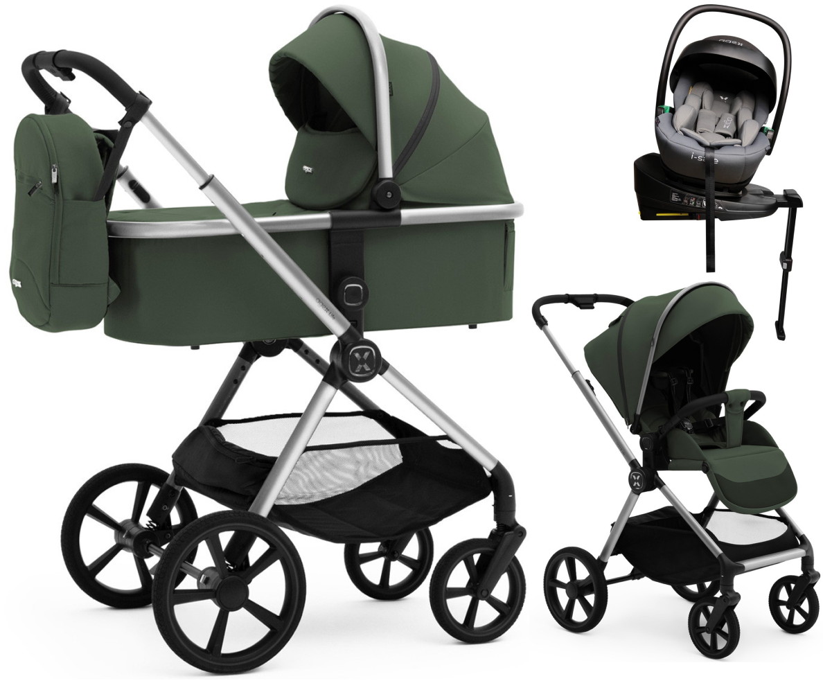 Коляска Agex Life 4 в 1 хромированная рама с автокреслом i-Safe Grey и базой ALC613 Crocodile (Зеленый)