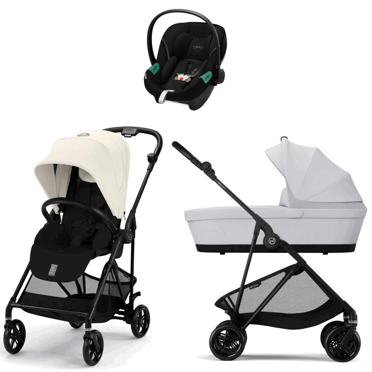 Коляска Cybex Melio Carbon Aton S2 i-Size Moon Black 3 в 1 Canvas White с дождевиком/Fog Grey