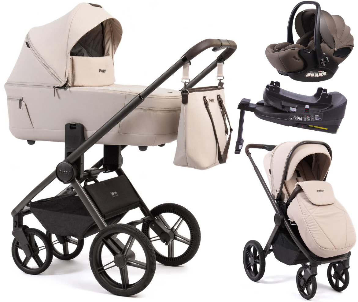 Детская коляска Peppy Monaco Thermo 4 в 1 с автокреслом Verona Brown и базой Beige (молочный), рама серо-коричневая