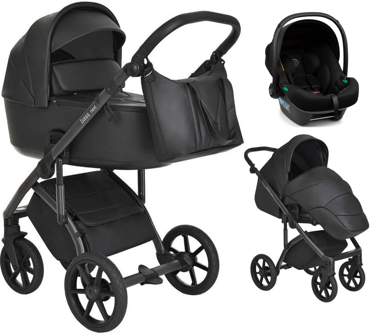Детская коляска Roan Bass Next Кожа 3 в 1 с автокреслом Tutis Elo Lux Black RN088/1 Black/Black