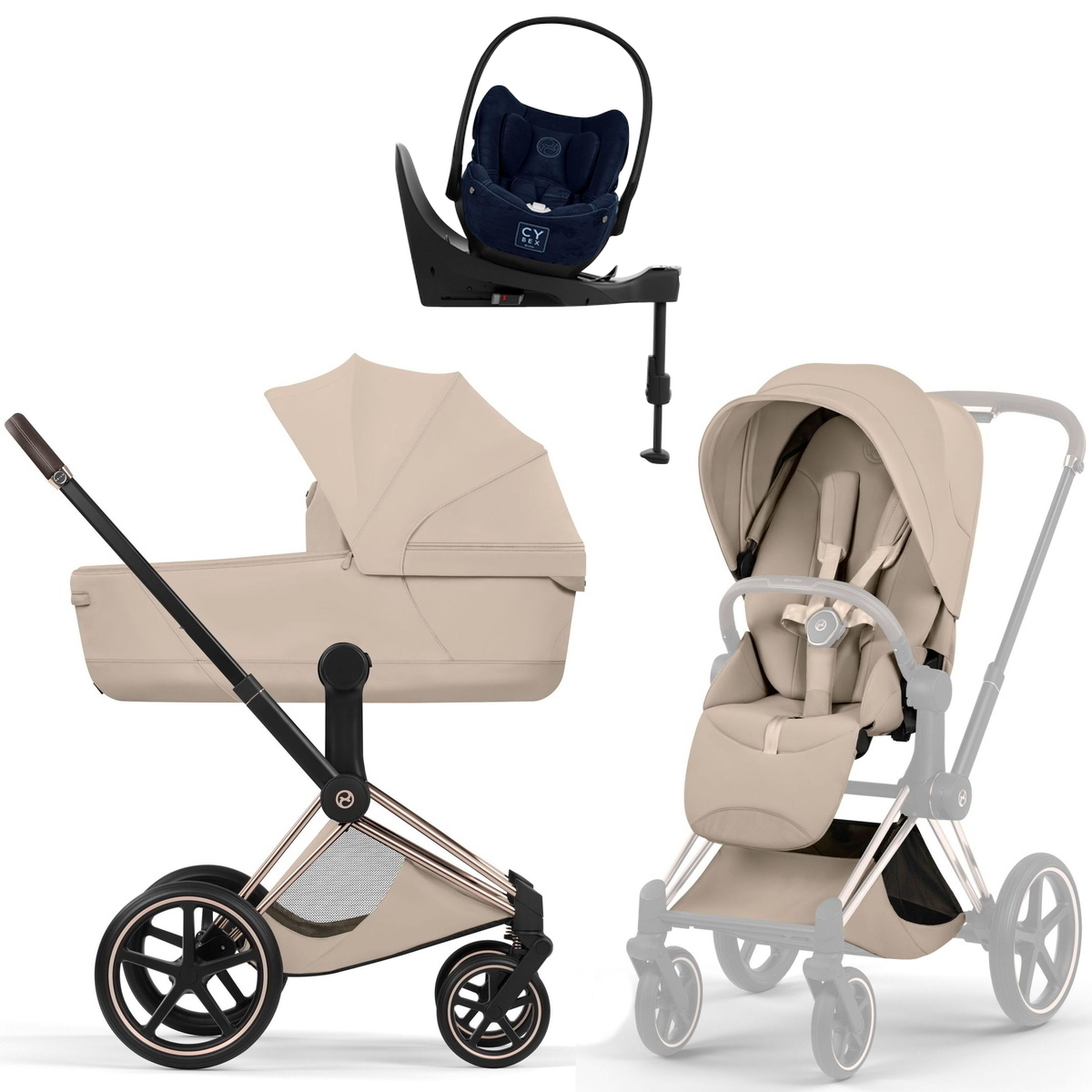 Коляска Cybex Priam V Rosegold Style Cloud T Rebellious Luxury Denim Blue Base T 4 в 1 Cozy Beige