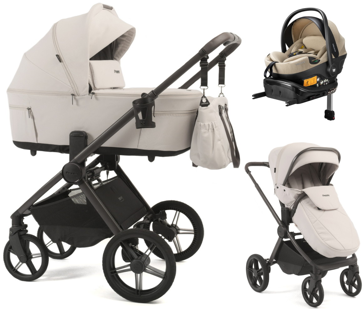 Детская коляска Peppy Soho 4 в 1 с автокреслом Welldon Crown 2 Beige и базой Taupe (бежевый), рама серо-бежевый