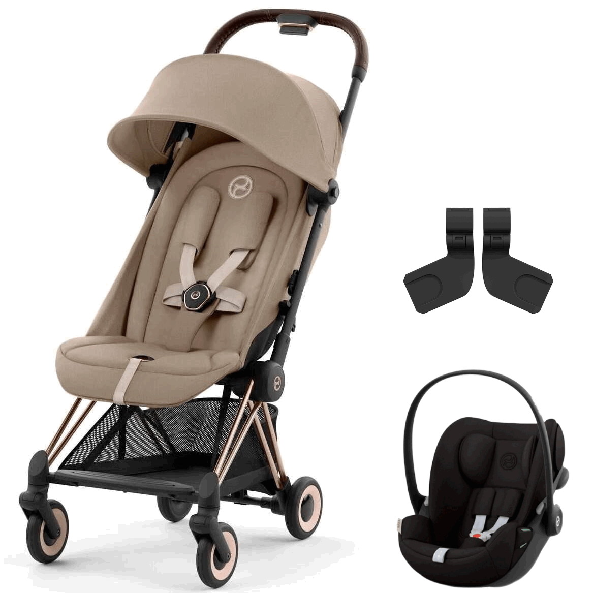 Коляска Cybex Coya Rosegold Frame Cloud G i-Size Magic Black Cozy Beige с дождевиком и бампером