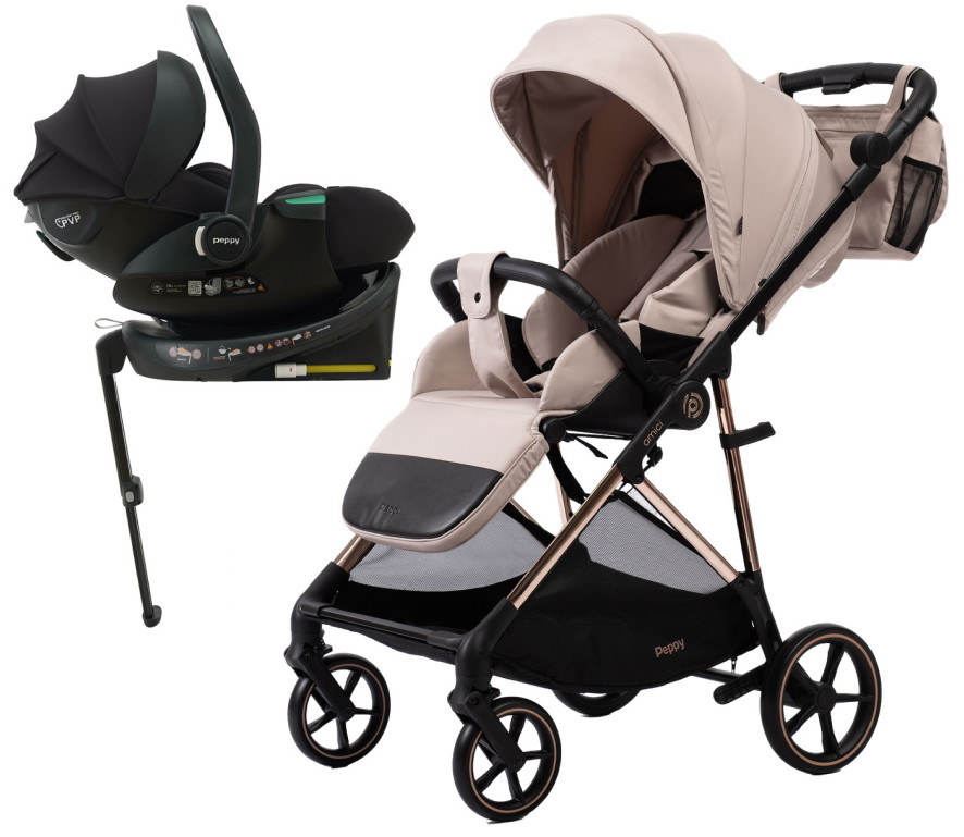 Прогулочная коляска Peppy Amici с автокреслом Jet Black и базой Beige рама Gold