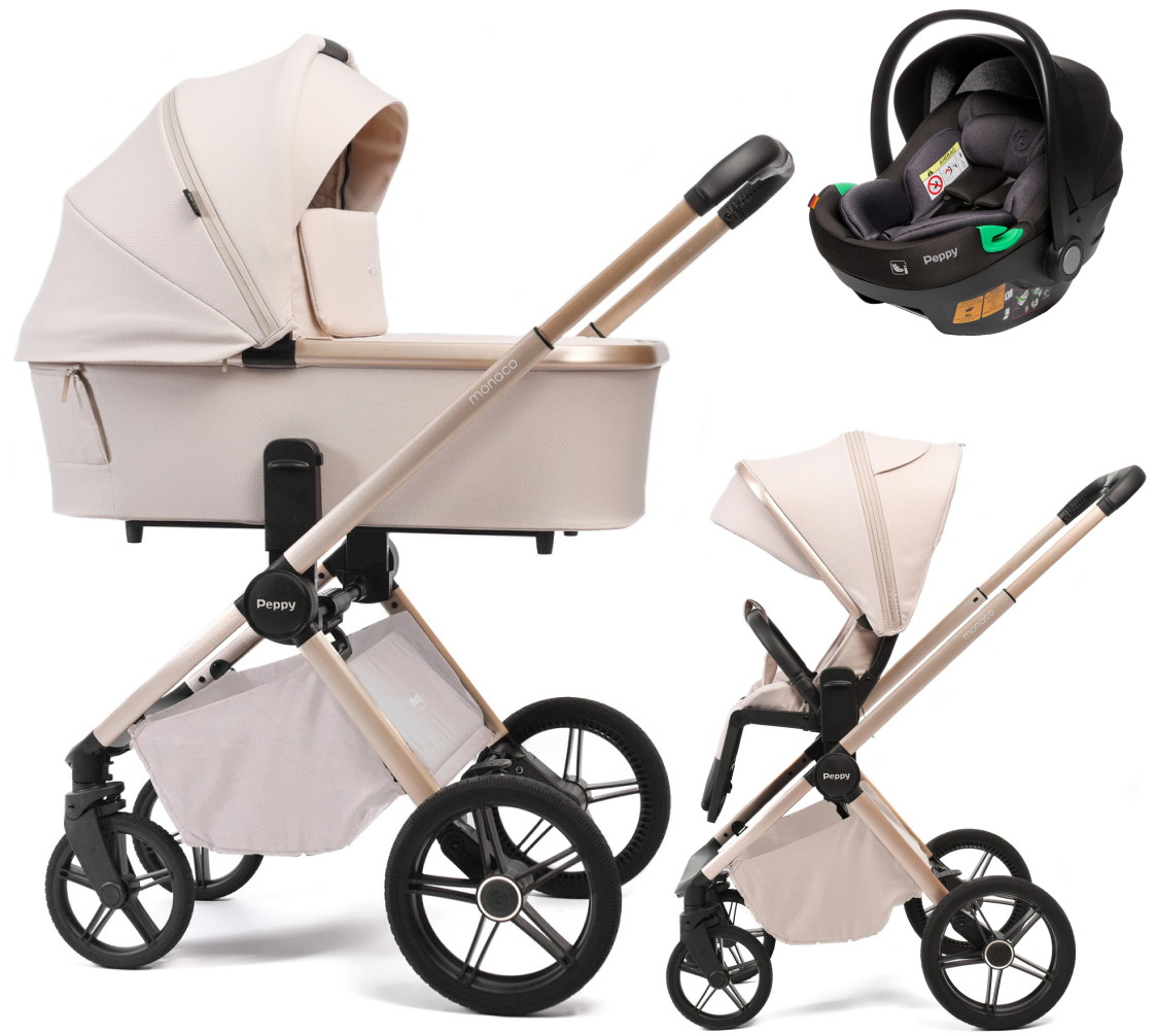 Детская коляска Peppy Monaco Plus 3 в 1 с автокреслом First Black Beige (бежевый), рама беж, шлифованный алюминий