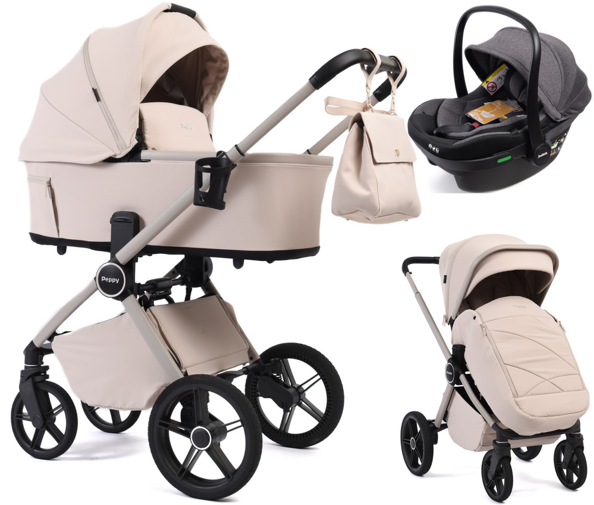 Детская коляска Peppy Monaco Plus 3 в 1 с автокреслом Jovikids Aria Black Cream (кремовый), рама бежевая