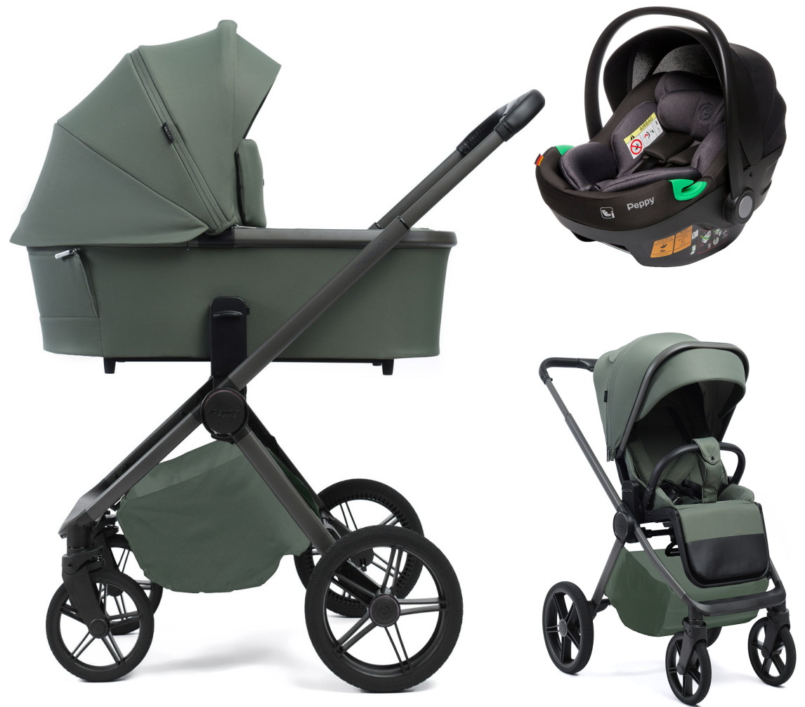 Детская коляска Peppy Monaco Plus 3 в 1 с автокреслом First Black Oliva Green (зеленый), рама серая