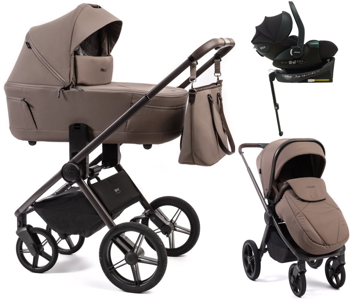 Детская коляска Peppy Monaco Thermo 4 в 1 с автокреслом Jet Black и базой Mocca (кофе), рама серо-коричневая