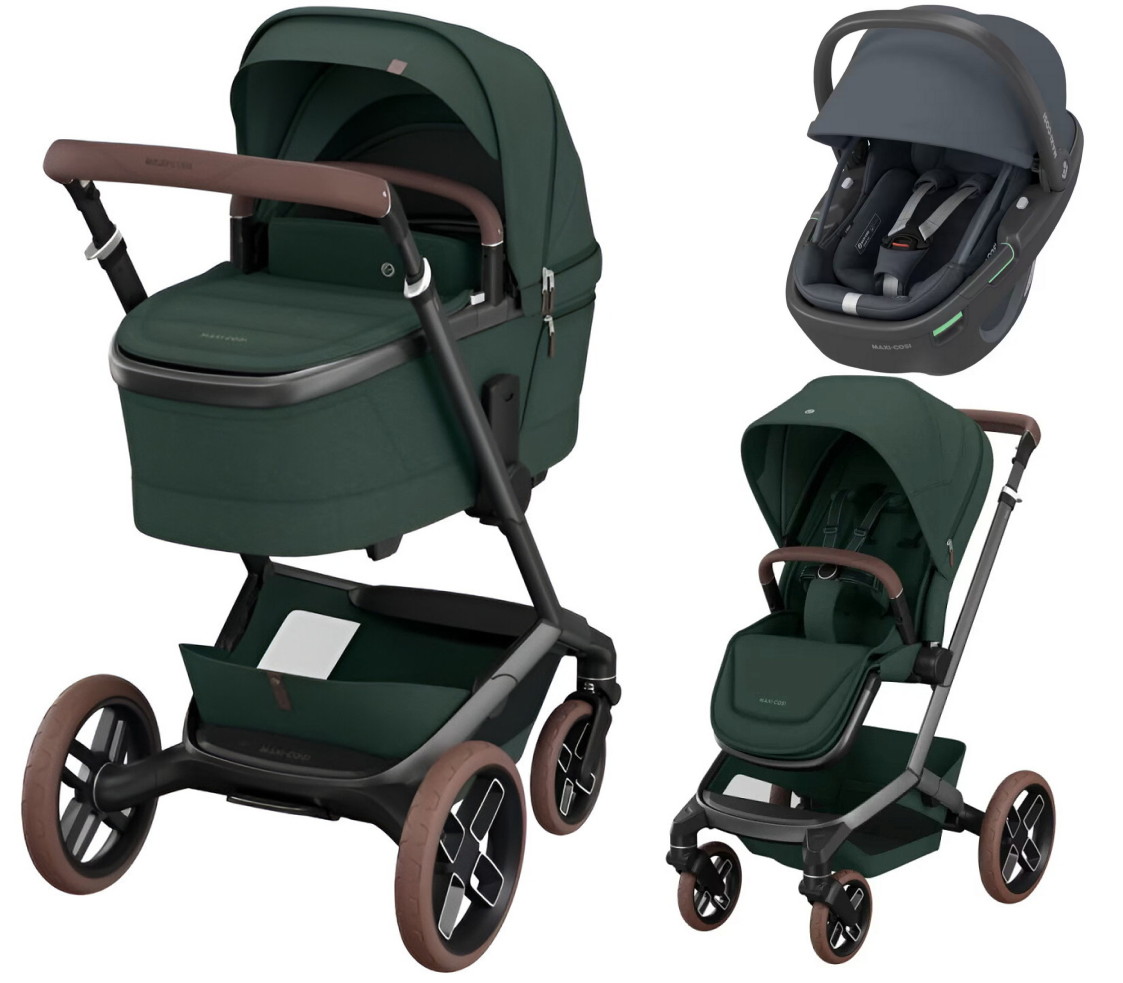 Детская коляска Maxi-Cosi Fame 3 в 1 с автокреслом Coral 360 Essential graphite Twillic Green/зеленый