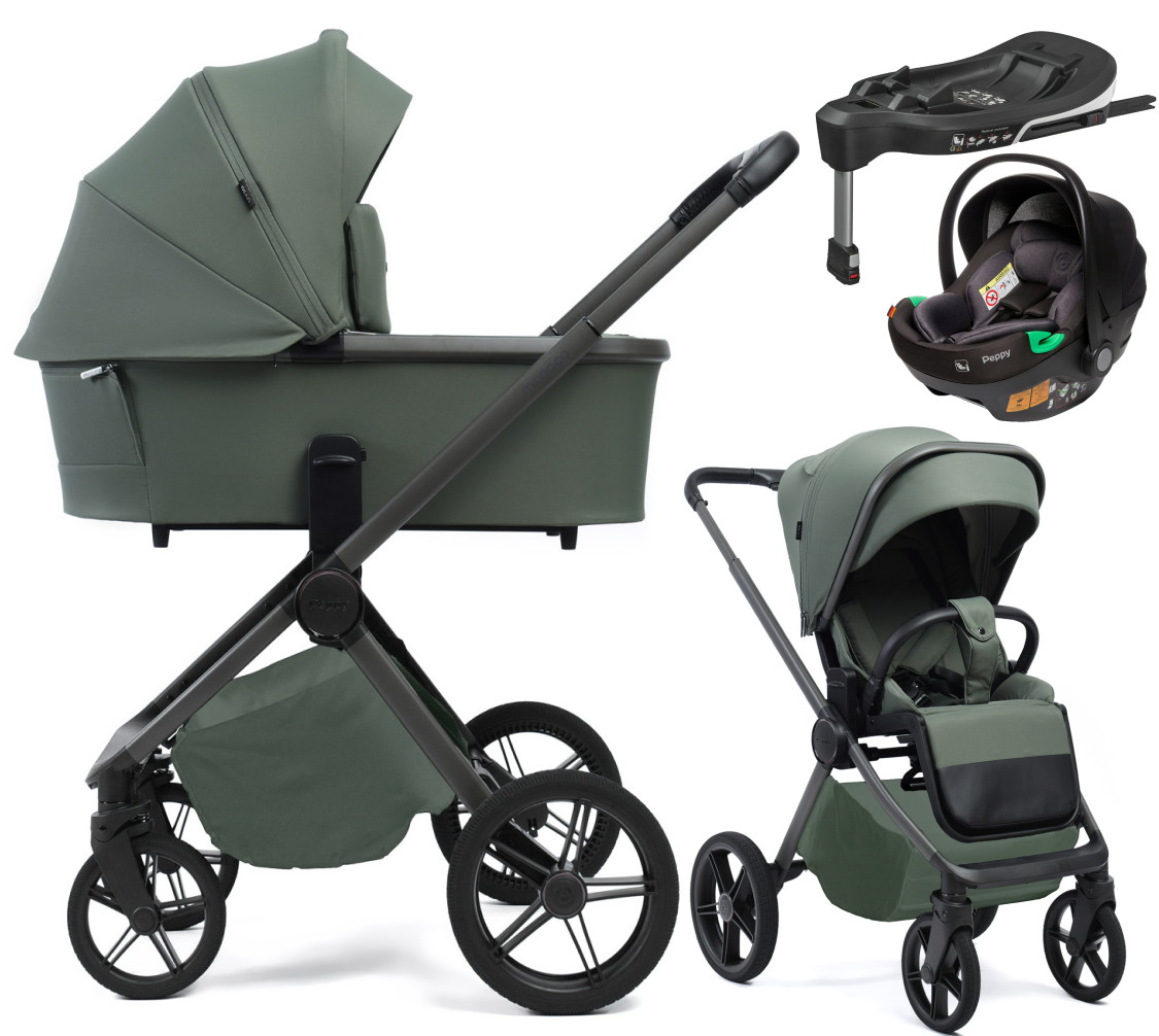 Детская коляска Peppy Monaco Plus 4 в 1 с автокреслом First Black и базой Oliva Green (зеленый), рама серая