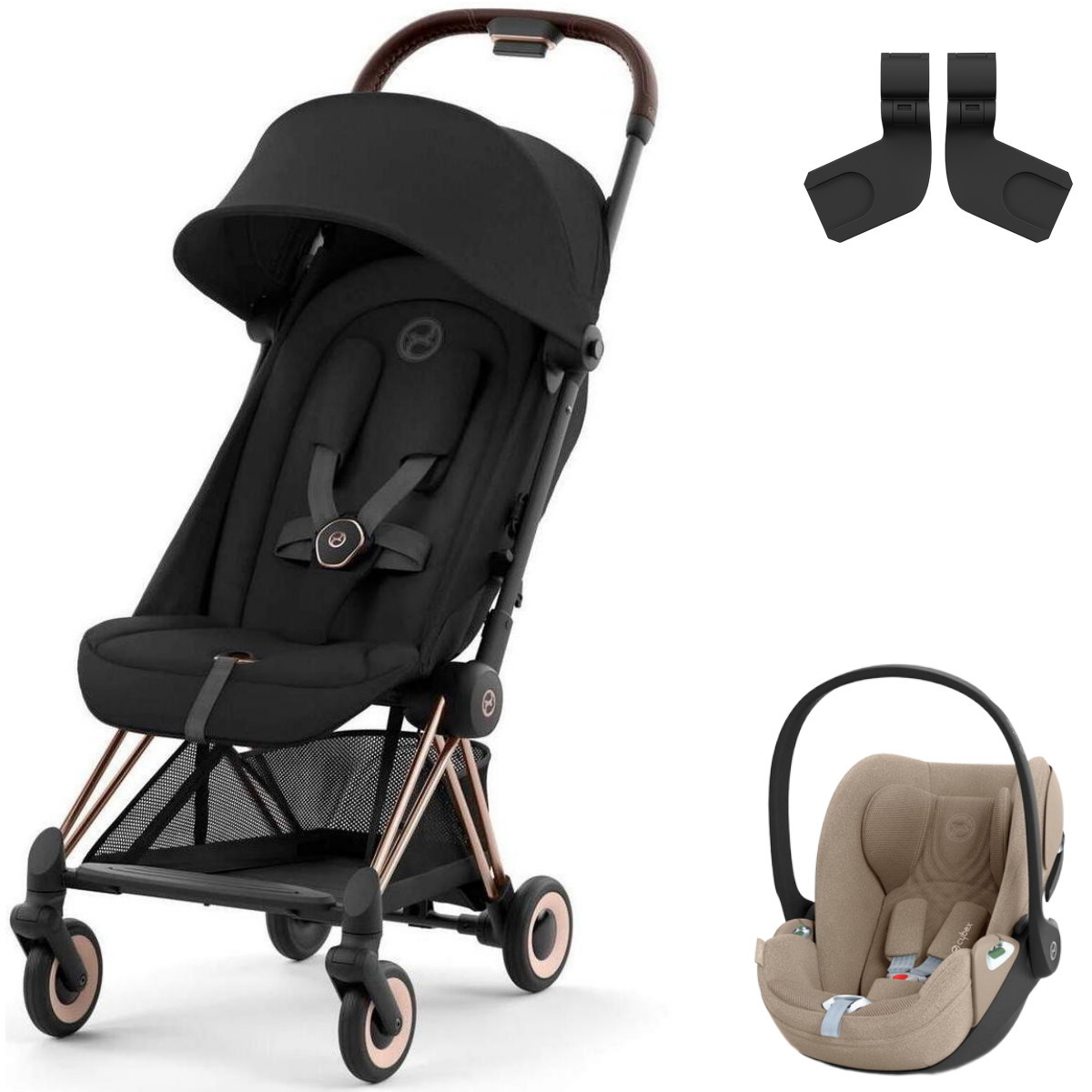 Коляска Cybex Coya Rosegold Frame Cloud T i-Size Cozy Beige Plus Sepia Black с дождевиком и бампером