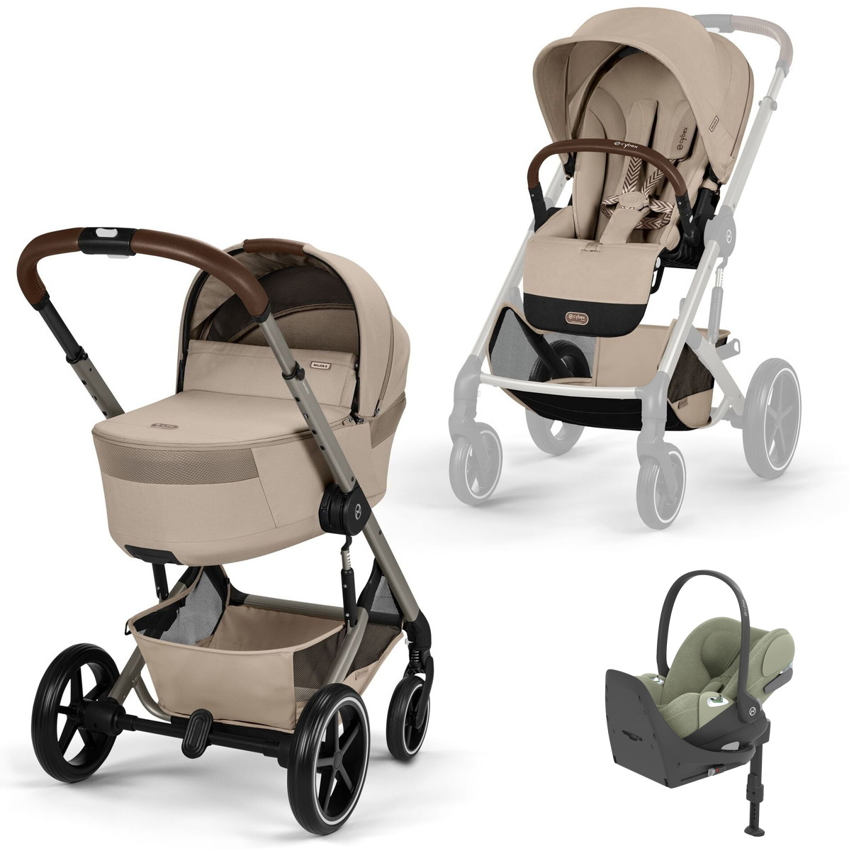 Коляска Cybex Balios S Lux Fold Cot TPE Cloud T Sage Green Plus Base T 4 в 1 Almond Beige с дождевиками