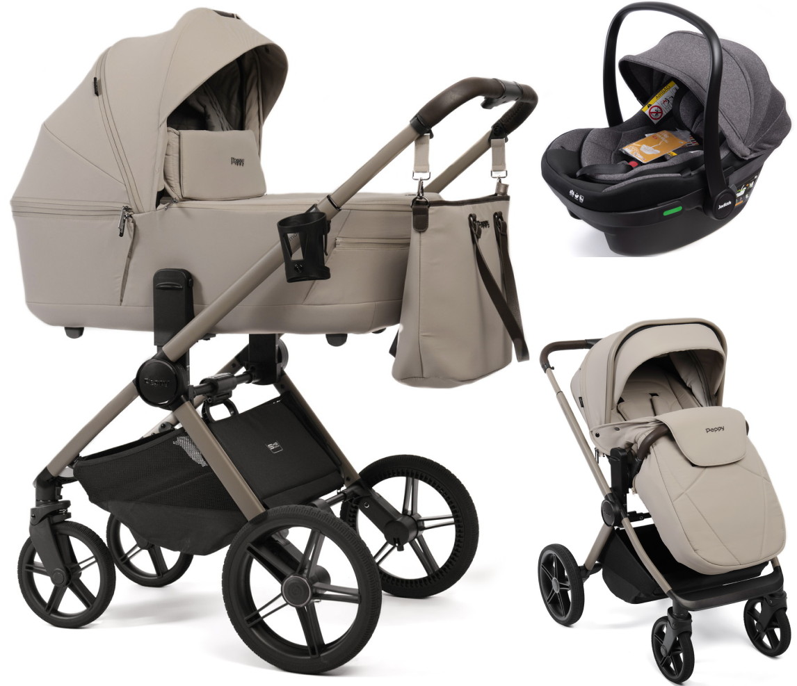 Детская коляска Peppy Monaco Thermo 3 в 1 с автокреслом Jovikids Aria Latte (бежевый), рама бежевая